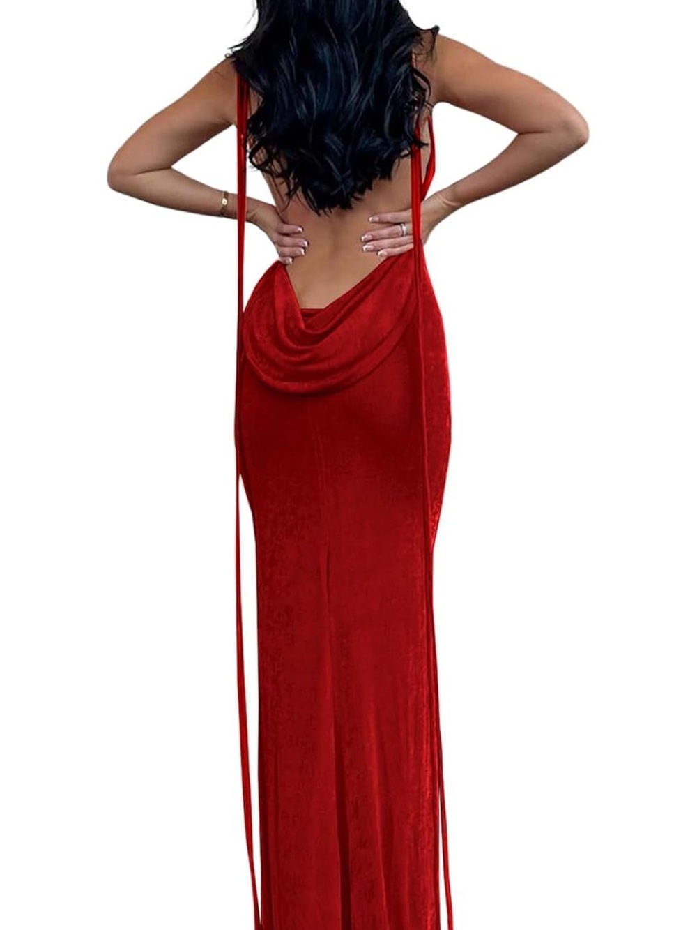 Amazon Red Backless Velvet Cowl-Back Evening Gown